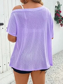 EMERY ROSE 女士休闲纯色不对称领薄纱衬衫，夏季女士短袖上衣，女士休闲装扮，紫色女士夏季服装，女士夏季上衣，夏季休闲上衣 - 紫色 - 查看 2
