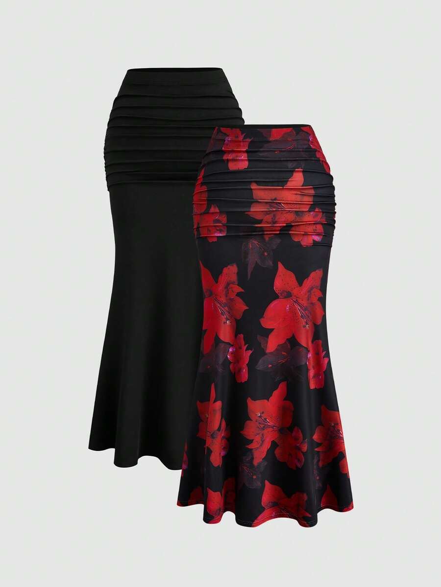 Sweetra French Elegant Floral Print Pencil Skirt, Suitable For Commuting, Party And Vacation Fall - Black - View 1