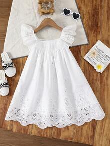 SHEIN Young Girl Woven Solid Color Ruffle Collar Pleated Casual Dress - White - View 5