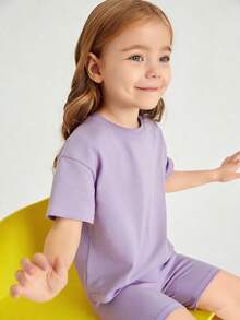 Young Girl 2pcs/Set Solid Color Round Neck Short Sleeve T-Shirt And Shorts Casual Outfit - Multicolor - View 6