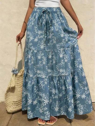 Silhoulove Chân váy nữ in hoa, cạp chun, xếp ly, kiểu dáng thường ngày.