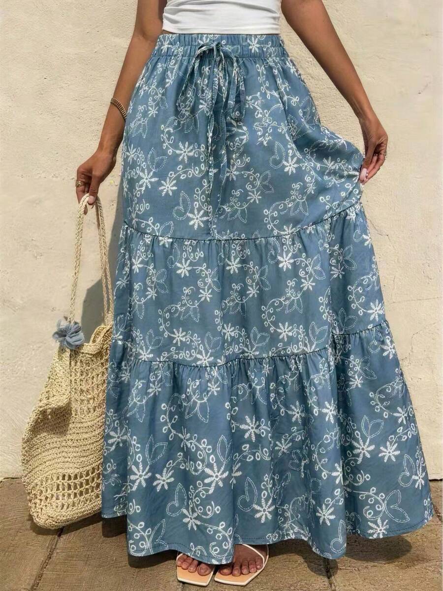 Silhoulove Chân váy nữ in hoa, cạp chun, xếp ly, kiểu dáng thường ngày. - Rửa nhẹ - Xem 1