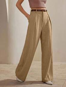 Anewsta Women's Elegant High-Waisted Brown Striped Wide-Leg Suit Pants,Urban Chic Crease Design,Khaki,Summer,Casual,Bissness Commuter Trousers For Daily Wear - Khaki - View 4