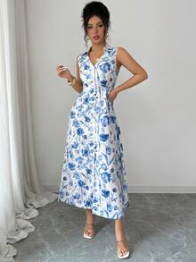 SHEIN Elenzya Đầm dài nữ kiểu retro màu xanh trắng họa tiết sứ, cổ chữ V, không tay, cài cúc đơn, thắt nơ eo, thanh lịch, thích hợp cho kỳ nghỉ, dạo phố, đi biển, đi làm, hẹn hò công sở, mùa xuân hè. - Nhiều màu - Xem 8
