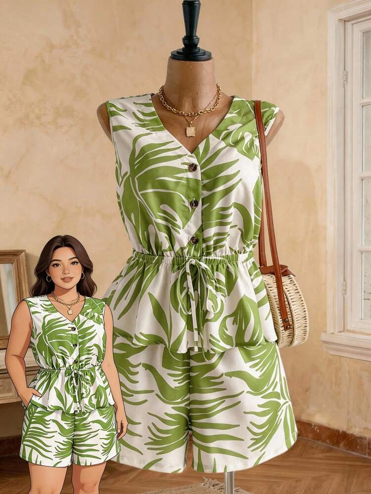Plus Size Women Tropical Plant Print Sleeveless Button-Up Shirt And Shorts 2 Pieces Set