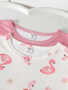 Genkimix Kids 2件套 女童可爱卡通绵羊印花休闲短袖长款睡衣套装，粉色和灰色 - 彩色 - 查看 3