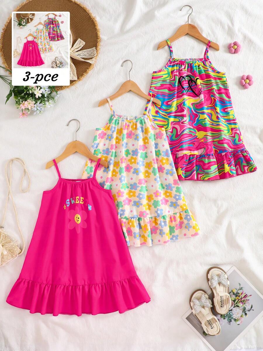 SHEIN 三件套女童彩色多巴胺印花夏季连衣裙,梭织面料,可爱花卉图案,纯粉色连衣裙+彩色花卉连衣裙+黑色爱心印花连衣裙,无袖荷叶边拼接吊带裙,适合可爱、甜美、优雅的休闲、海滩、派对等场合,K-pop风格,夏季穿搭。柔软舒适。 - 粉色 - 查看 1