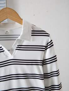 SHEIN Girls' Comfortable Soft V-Neck Long Sleeve Striped T-Shirt - Black and White - View 3