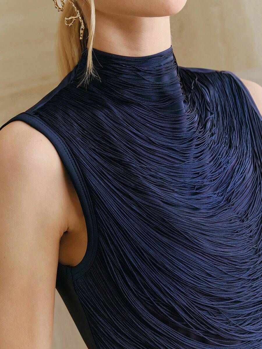 Anewsta 优雅复古藏蓝色无袖高领流苏拼接背心（女款） - 藍色 - 查看 1