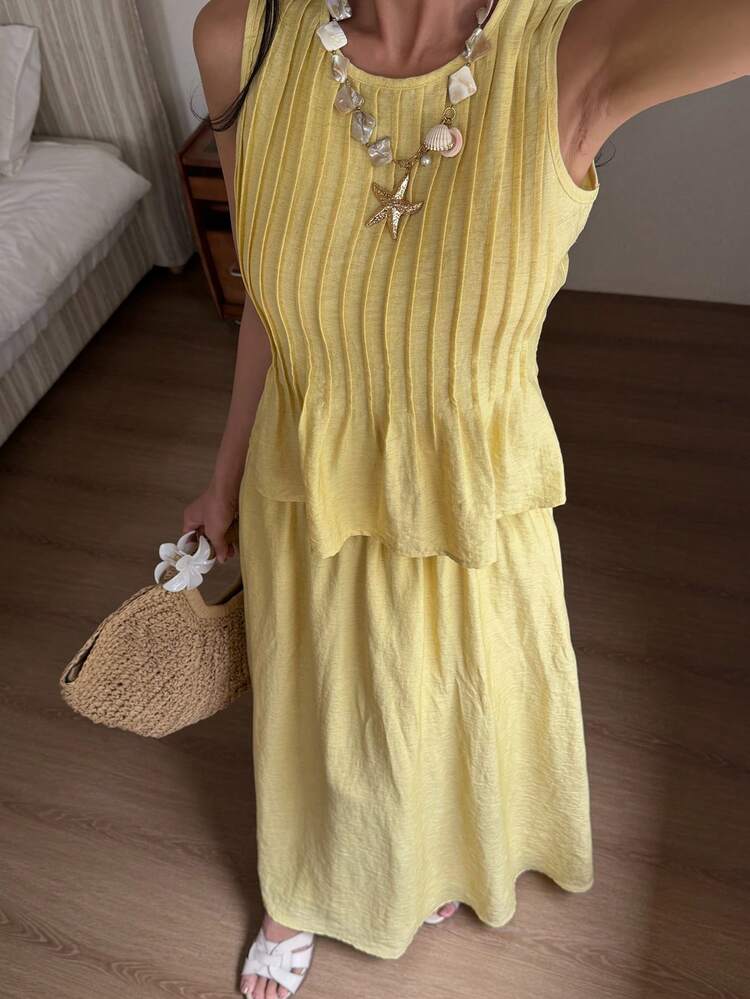 2pcs/Set Women's Sleeveless Top And Long Skirt Set, Vacation Style, Spring/Summer