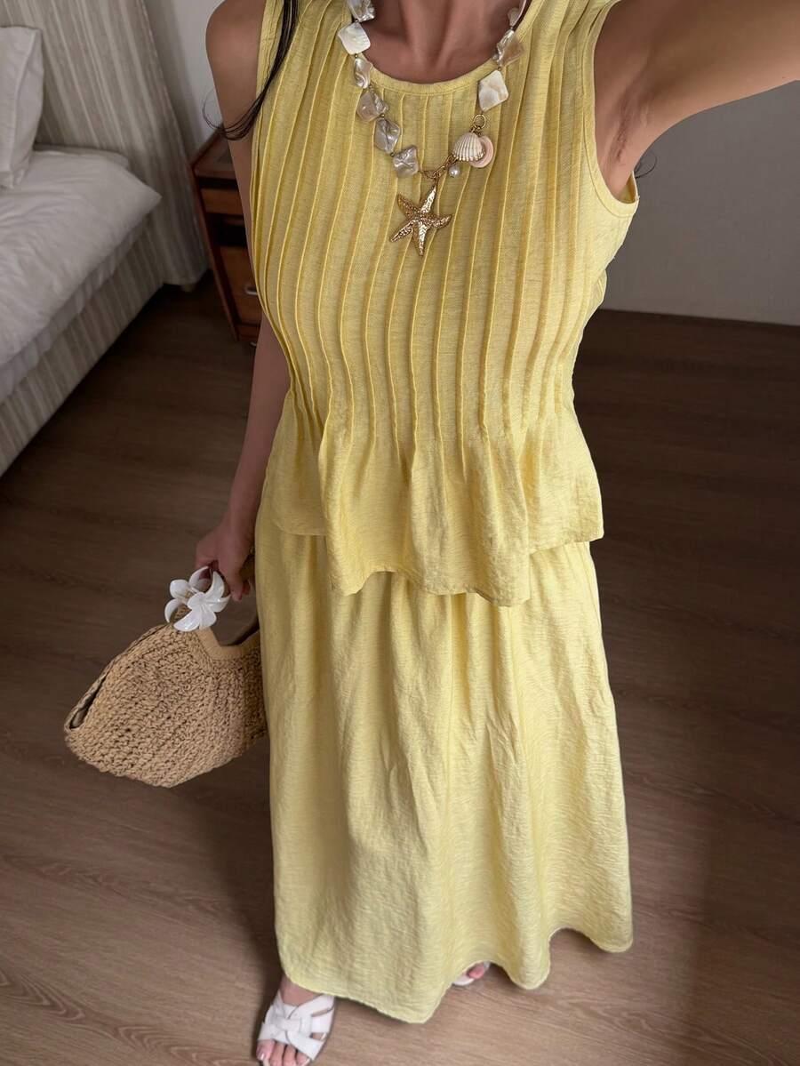 DAZY Bộ 2 món gồm áo không tay và chân váy dài cho nữ, kiểu dáng nghỉ mát, thích hợp cho mùa xuân/hè. - Màu vàng - Xem 1
