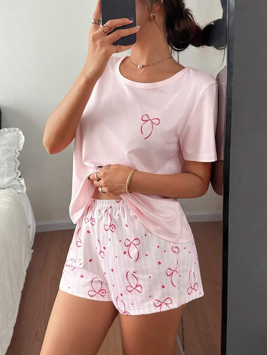 Dream Adore 2pcs Girly Pink Bow Printed Short Sleeve Shorts Pajama Set - Multicolor - View 1