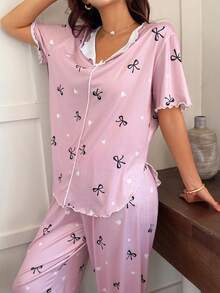 Dream Adore 粉色荷叶边蝴蝶结印花女士睡衣套装 - 粉色 - 查看 4