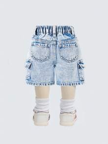 SHEIN Playful Pals Quần short denim cargo nhiều túi, màu xanh nhạt, đa năng, kiểu dáng thường ngày cho bé trai. - Rửa nhẹ - Xem 2