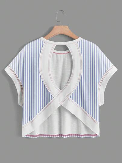 SHEIN Essnce Camiseta de mujer casual de cuello redondo, espalda descubierta, bajo asimétrico, holgada, sin mangas, con estampado de rayas azul marino, adecuada para verano, vacaciones en la playa, fiesta, boda, festival, elegante