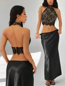 SHEIN PETITE 女士蕾丝吊带露背性感黑色吊带衫 - 黑色 - 查看 5