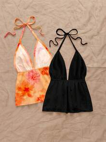 Soleia Bộ 2 áo croptop nữ kiểu dáng tối giản, thanh lịch, lãng mạn, cổ điển, màu cam, họa tiết hoa màu nước, nhuộm tie-dye, thích hợp cho lễ hội âm nhạc, bãi biển, kỳ nghỉ hè. - Nhiều màu - Xem 2