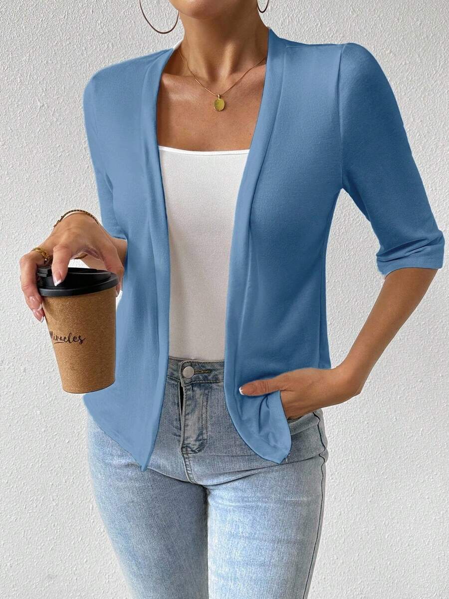 SHEIN 女士休闲纯色前开襟极简夹克 - 藍色 - 查看 1