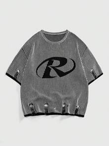 ROMWE MEN 男士圆领条纹字母印花做旧休闲百搭日常针织短袖上衣 - 灰色 - 查看 1