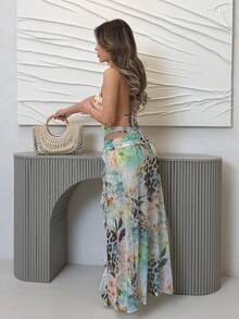 Jemour Slit Fitted & Elegant Floral Leopard Print Vacation Dress With Beading, Suitable For Beach Vacation, Vacation Maxi Dress, Beach Dress, Backless Dress, Spring/Summer Party - Mint Green - View 3