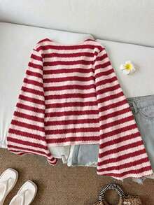 SHEIN LUNE 条纹棉质针织休闲女式系带喇叭袖上衣，粉色和红色撞色条纹 - 紅色 - 查看 3