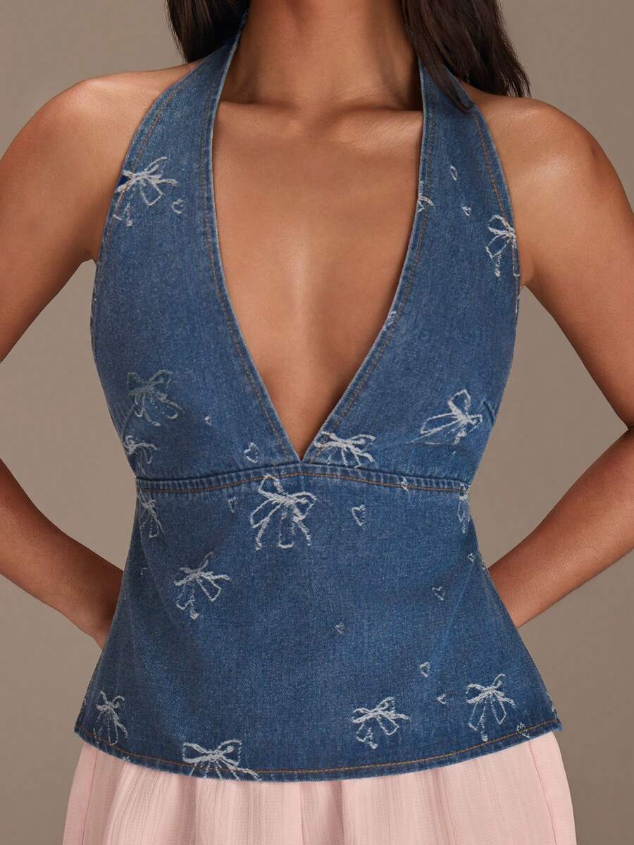 Athîral Áo kiểu denim nữ không tay cổ chữ V hở lưng, thích hợp cho kỳ nghỉ xuân hè. - Rửa trung bình - Xem 1