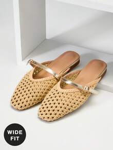 SHUZIA Ladies Wide Fit Elegant Crochet Woven PU Slip-On Mules - Apricot - View 6