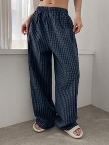 DAZY Minimalist Gingham Wide-Leg Loose Pajama Pants, For Fall, Winter - Navy Blue - View 5