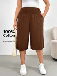 SHEIN Essnce Pantaloncini in lino nero larghi e comodi, stile casual e traspirante, adatti per la primavera e l'estate, pantaloni ampi e semplici, ideali per le vacanze, abbigliamento da donna di taglia comoda - Castano - Visualizzare 1