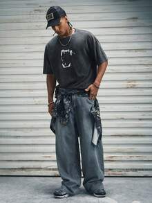 Modcrash 男士休闲趣味牙齿印花落肩T恤，夏季，复古美式，男女通用，宽松版型夏季服装——适合日常穿着和夏季度假穿着。 - 黑色 - 查看 5