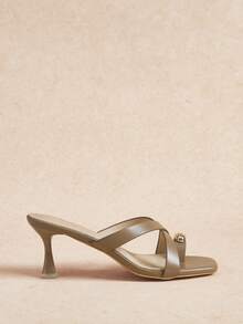 Rosivie Women's Square Toe Thin High Heel Apricot Retro Metal Buckle Peep Toe Strap Sandals, Mid Heel Daily Commute Versatile Slip-On Sandals - Brown - View 2