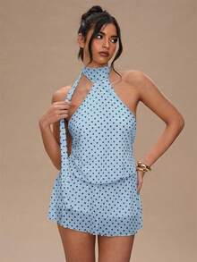 SHEIN BAE Đầm không tay in họa tiết chấm bi dành cho nữ - Màu xanh lam - Xem 4