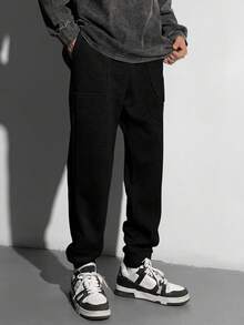 SHEIN Leap Crew 青少年男孩 1 件休闲百搭时尚街头风格修身贴袋夹缝编织标记设计运动裤返校服装；秋季服装；青少年男孩服装；儿童夹克 - 黑色 - 查看 3