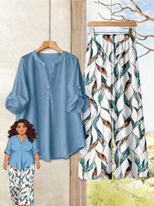 EMERY ROSE Bộ đồ 2 mảnh phong cách nghỉ dưỡng tối giản thường ngày gồm áo xanh dương và quần dài in họa tiết hình học nhiều màu sắc theo phong cách retro, dành cho nữ cỡ lớn, thích hợp cho kỳ nghỉ hè và đầu thu. - Màu xanh lam - Xem 1