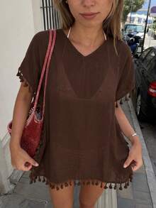 EMERY ROSE 女士度假海滩侧开衩流苏罩衫 - 棕色 - 查看 3