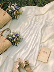 Franclia Đầm satin ren xếp tầng trễ vai thanh lịch, tinh tế kiểu Pháp lãng mạn dành cho nữ, thích hợp cho các buổi đi chơi và hẹn hò mùa xuân/hè. - Màu be - Xem 5