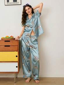 Chillnights Young Leopard Print Contrast Color Cardigan Women Pajama Set - Baby Blue - View 3