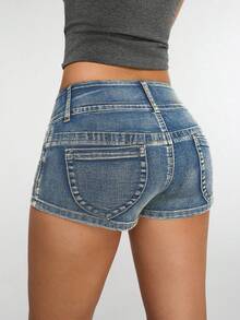SHEIN Jeanoir Quần short denim cạp thấp phong cách đường phố - Rửa nhẹ - Xem 2
