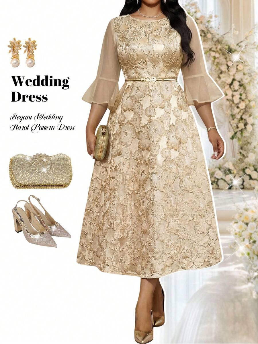Fleurora Robe élégante en jacquard contrasté avec maille, grande taille, automne - Kaki - Voir 1