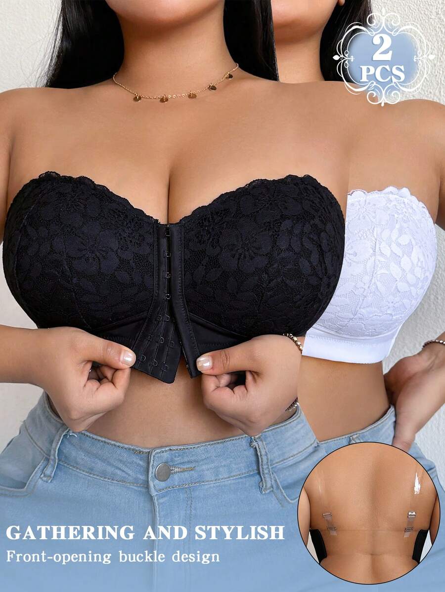 DesireSculpt Sutien invizibil cu închidere frontală din dantelă, mărime plus, 2 buc/set, 2 buc/set - Multicolor - Vizualizare 1