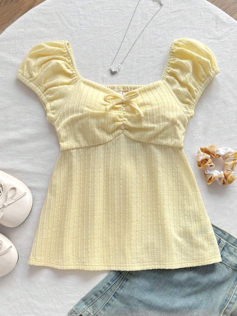 SHEIN Áo len chui đầu dệt kim jacquard thoải mái, kiểu dáng cổ điển cho bé gái tuổi teen, áo kiểu thắt nơ viền ren tương phản, màu vàng nhạt/vàng chanh. - Màu vàng - Xem 1