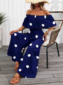 EMERY ROSE 1 Set Off-Shoulder Polka Dot Print Top & Pants (Floral Pattern Irregular Cut) - Navy Blue - View 5