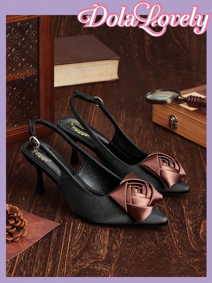 Dola Lovely Giày nữ mùa xuân hè kiểu dáng mới, thiết kế hoa hồng vuông 3D, gót nhọn, giày cao gót dự tiệc, hẹn hò, tiệc trà chiều, ngày Valentine, phong cách Lolita. - màu đen - Xem 1