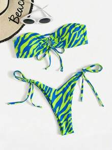 SHEIN Swim 度假海滩斑马纹比基尼套装 - 薄荷綠 - 查看 1