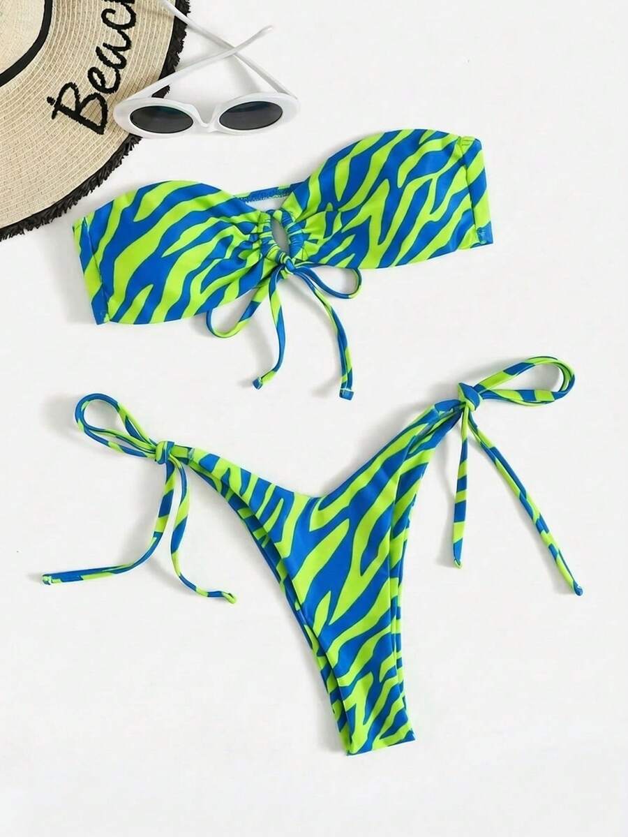 SHEIN Swim 度假海滩斑马纹比基尼套装 - 薄荷綠 - 查看 1