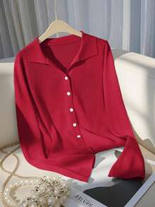 SHEIN Franclia 新款春秋季修身短款法式Polo领时尚百搭女士针织开衫 - 紅色 - 查看 3
