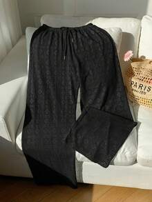 SHEIN Comfortcana Quần nữ ống rộng dáng suông, màu đen, có dây rút ở eo, in họa tiết, kiểu dáng thường ngày, năm 2026. - màu đen - Xem 4