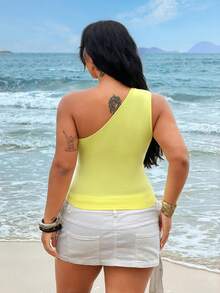 Rustia Plus Size Solid Color Ruched Asymmetric Collar Tank Top - Yellow - View 2