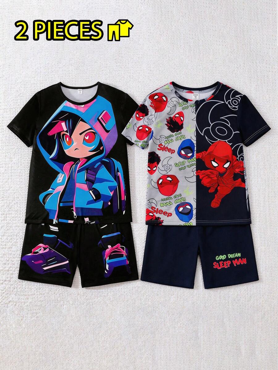 SHEIN GraphicGems Bộ đồ ngủ mùa hè mới dành cho bé trai tuổi teen, kiểu dáng thường ngày, in hình hoạt hình, áo thun ngắn tay và quần short, bộ 2 mảnh phong cách đường phố, họa tiết nhân vật hoạt hình, đồ mặc nhà thời trang cho thanh thiếu niên. - màu đen - Xem 1