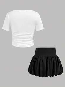 两件套女童黑白撞色蝴蝶结针织T恤和荷叶边半裙休闲套装，时尚日常穿着，适合外出、露营、拍照等场合 - 黑與白 - 查看 2